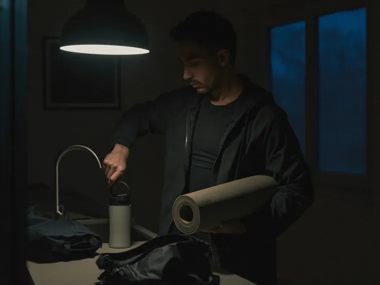 Before dawn, a man in a dark jacket fills a water bottle at the kitchen sink under a single pendant light, a rolled yoga mat under his arm