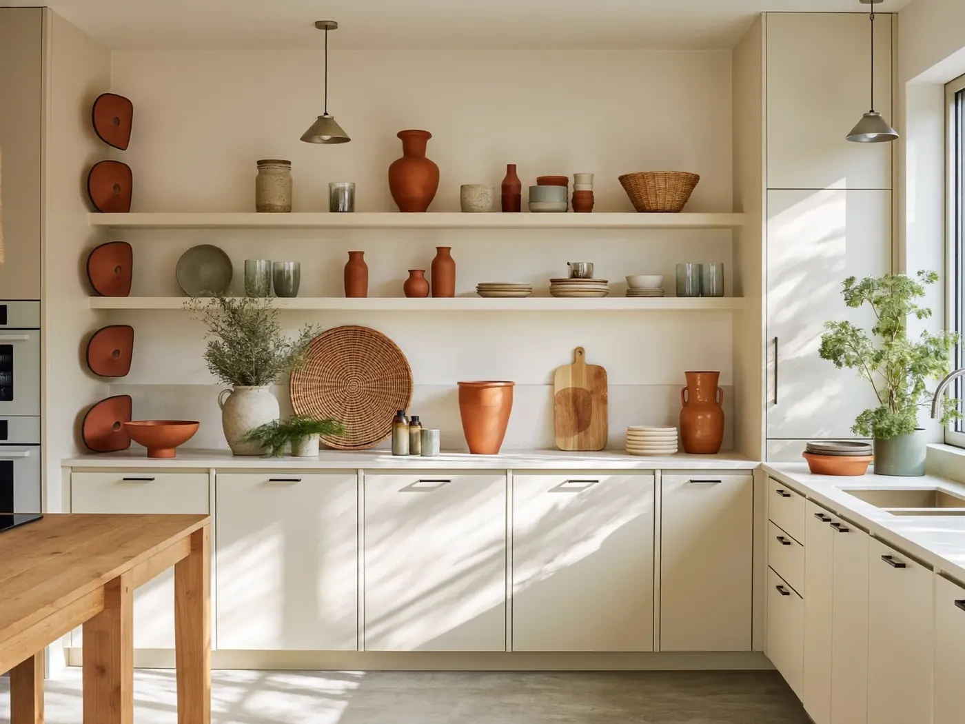 A bright kitchen with open shelves of terracotta vases, baskets and stacked plates