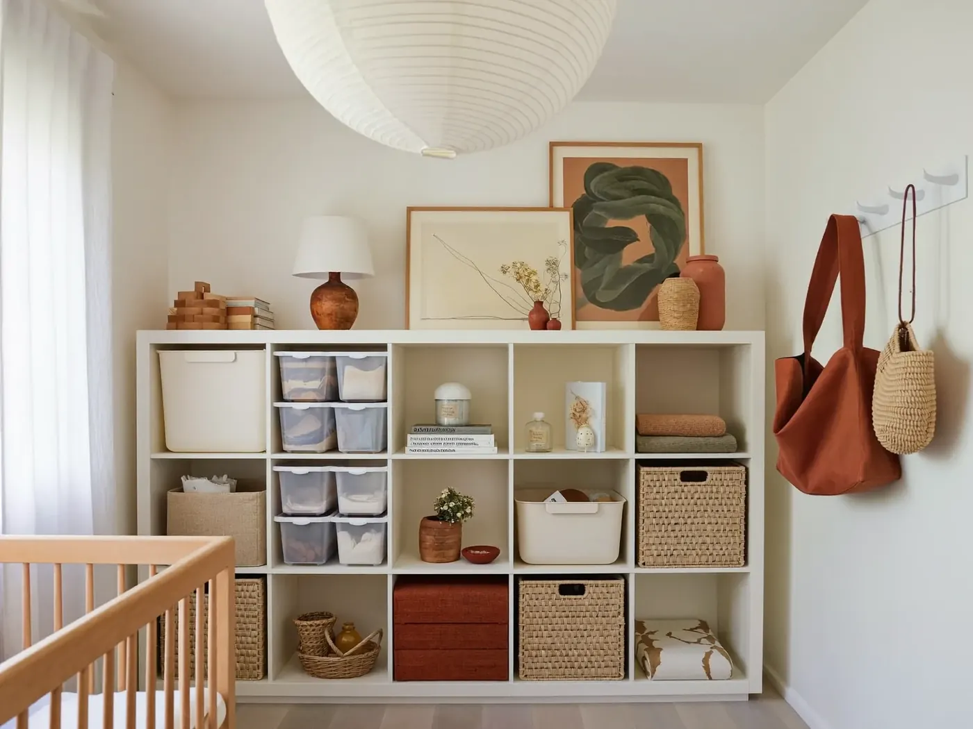A calm nursery with white cube shelving, woven baskets, clear bins and a wooden crib