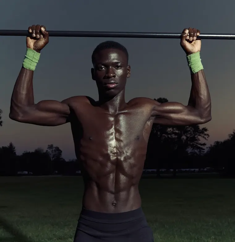 A man in green wristbands holds a pull-up bar in a park at dusk