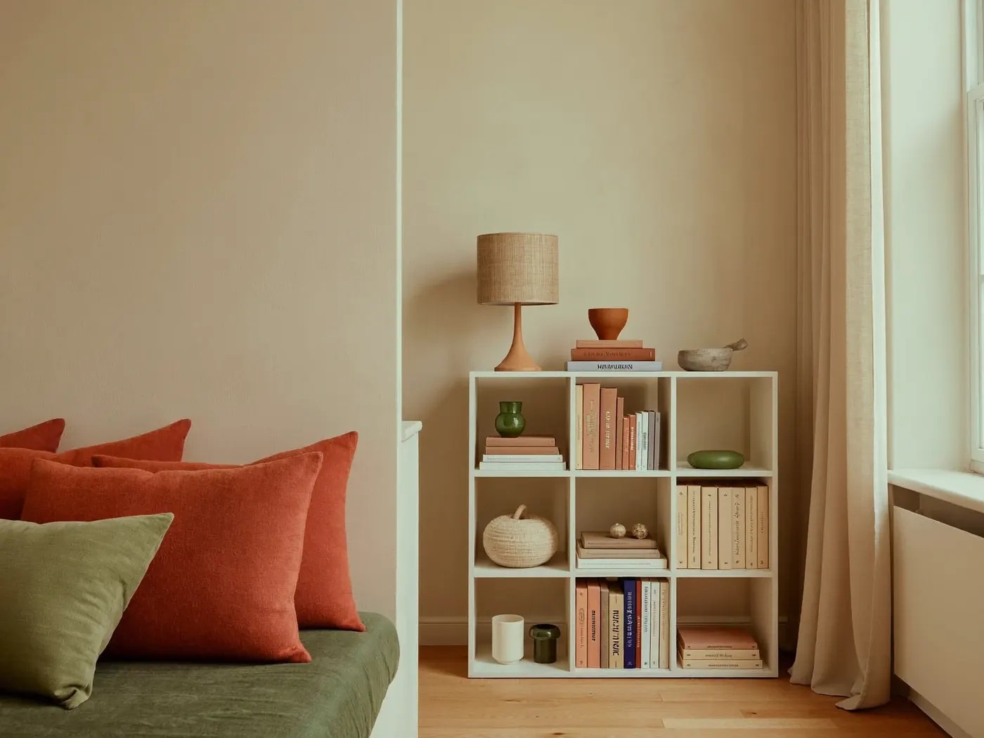 A kids' reading nook with green and terracotta cushions beside a white bookshelf and a linen lamp